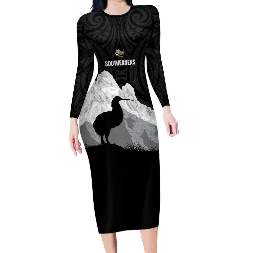 New Zealand South Island Football Custom Family Matching Long Sleeve Bodycon Dress and Hawaiian Shirt Aoraki Mount Cook With Kiwi Maori Pattern LT14 Mom's Dress Black - Polynesian Pride