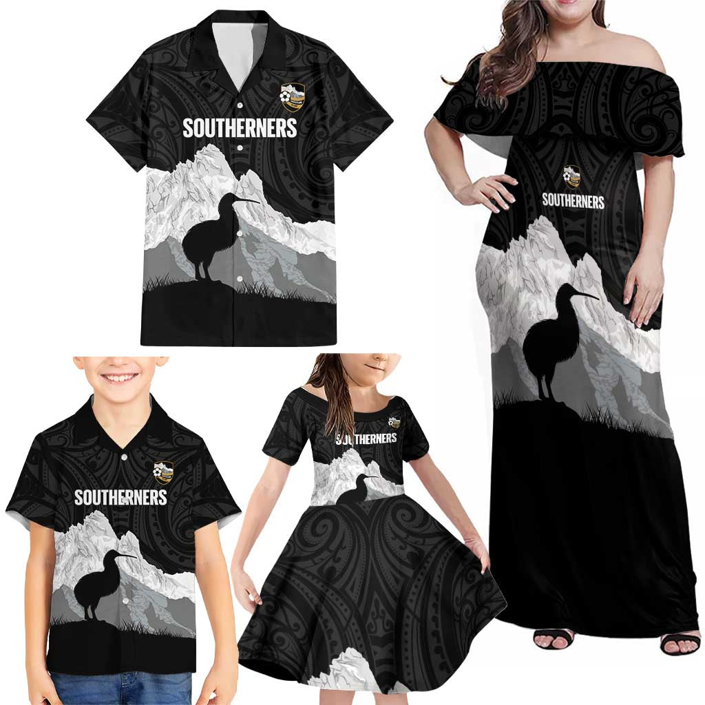 New Zealand South Island Football Custom Family Matching Off Shoulder Maxi Dress and Hawaiian Shirt Aoraki Mount Cook With Kiwi Maori Pattern LT14 - Polynesian Pride