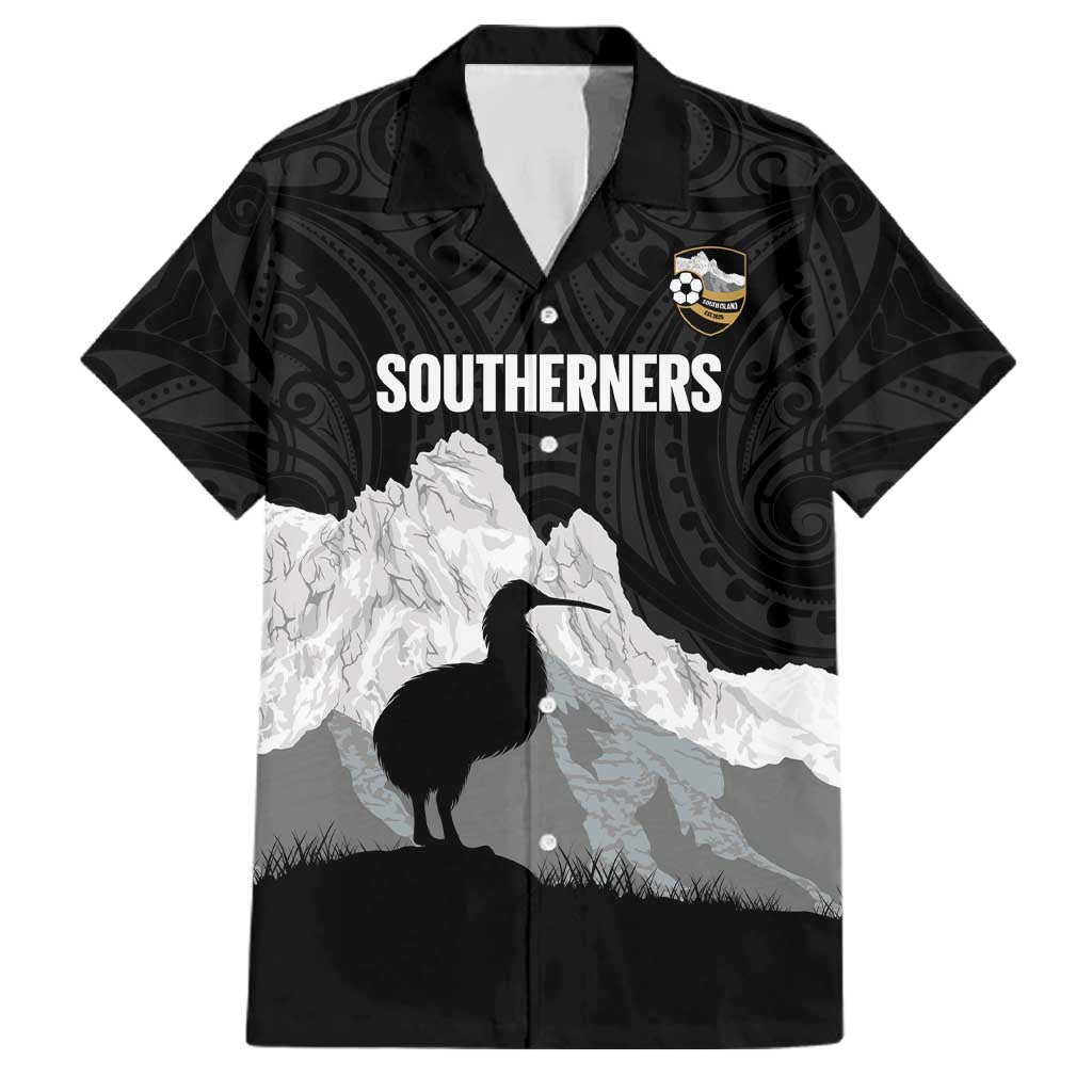 New Zealand South Island Football Custom Family Matching Off Shoulder Maxi Dress and Hawaiian Shirt Aoraki Mount Cook With Kiwi Maori Pattern LT14 Dad's Shirt - Short Sleeve Black - Polynesian Pride