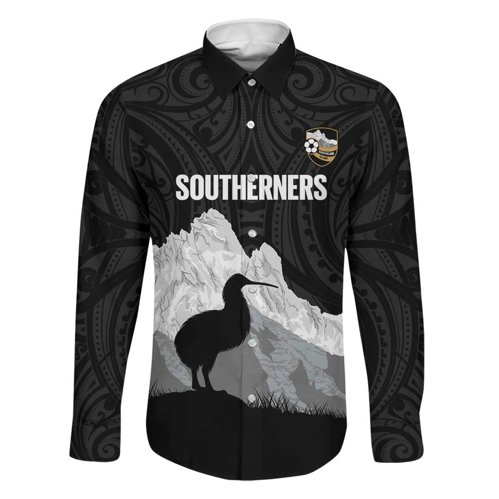 New Zealand South Island Football Custom Family Matching Off Shoulder Maxi Dress and Hawaiian Shirt Aoraki Mount Cook With Kiwi Maori Pattern LT14 Dad's Shirt - Long Sleeve Black - Polynesian Pride