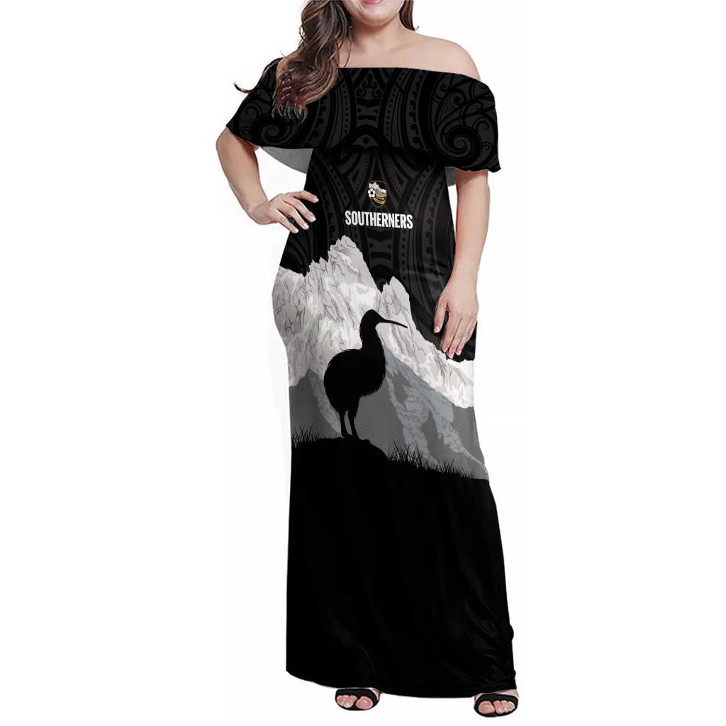 New Zealand South Island Football Custom Family Matching Off Shoulder Maxi Dress and Hawaiian Shirt Aoraki Mount Cook With Kiwi Maori Pattern LT14 Mom's Dress Black - Polynesian Pride