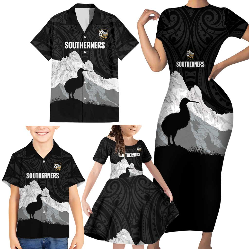 New Zealand South Island Football Custom Family Matching Short Sleeve Bodycon Dress and Hawaiian Shirt Aoraki Mount Cook With Kiwi Maori Pattern LT14 - Polynesian Pride