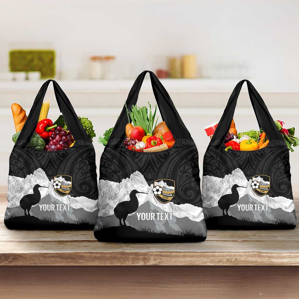 New Zealand South Island Football Custom Grocery Bag Aoraki Mount Cook With Kiwi Maori Pattern LT14 3-pack One Size Black - Polynesian Pride