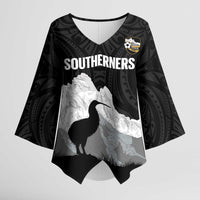 New Zealand South Island Football Custom Kimono Sleeve Blouse Aoraki Mount Cook With Kiwi Maori Pattern LT14 Female Black - Polynesian Pride