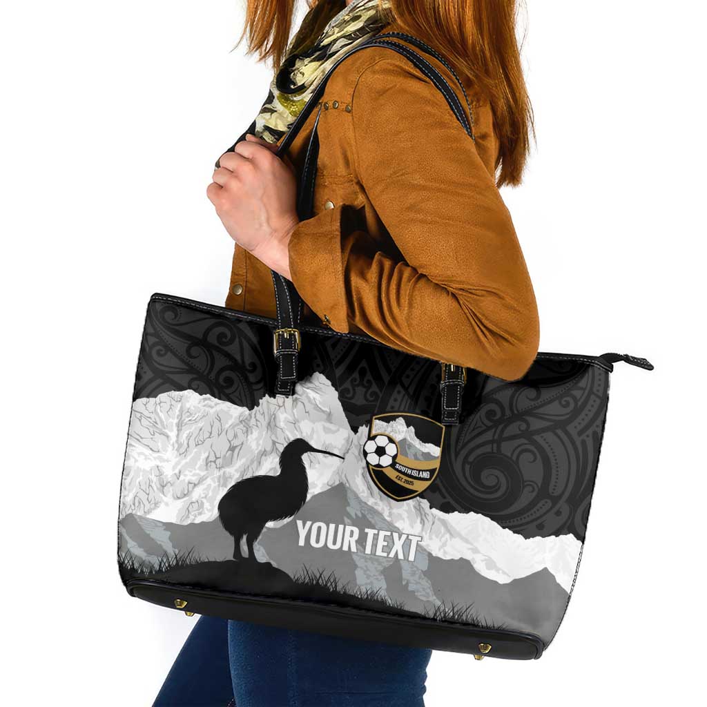 New Zealand South Island Football Custom Leather Tote Bag Aoraki Mount Cook With Kiwi Maori Pattern