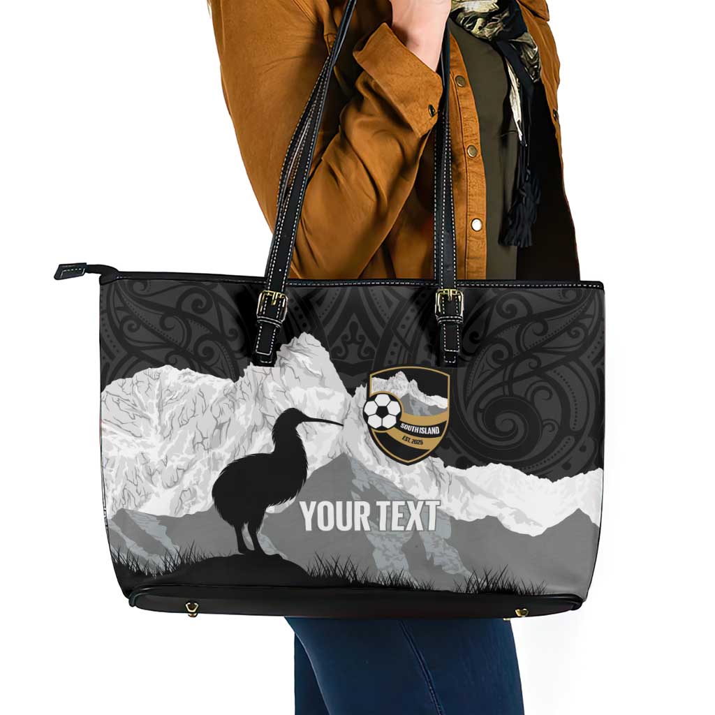 New Zealand South Island Football Custom Leather Tote Bag Aoraki Mount Cook With Kiwi Maori Pattern