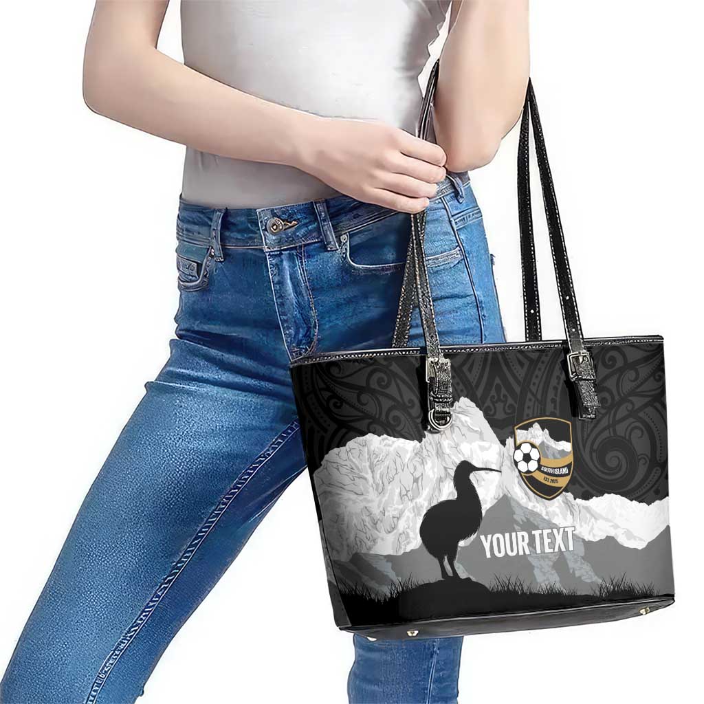 New Zealand South Island Football Custom Leather Tote Bag Aoraki Mount Cook With Kiwi Maori Pattern