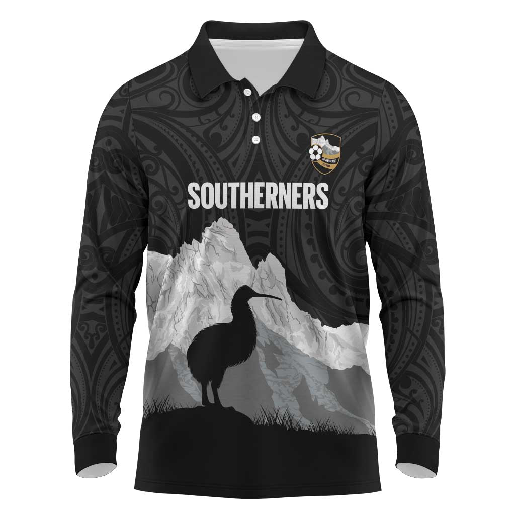 New Zealand South Island Football Custom Long Sleeve Polo Shirt Aoraki Mount Cook With Kiwi Maori Pattern