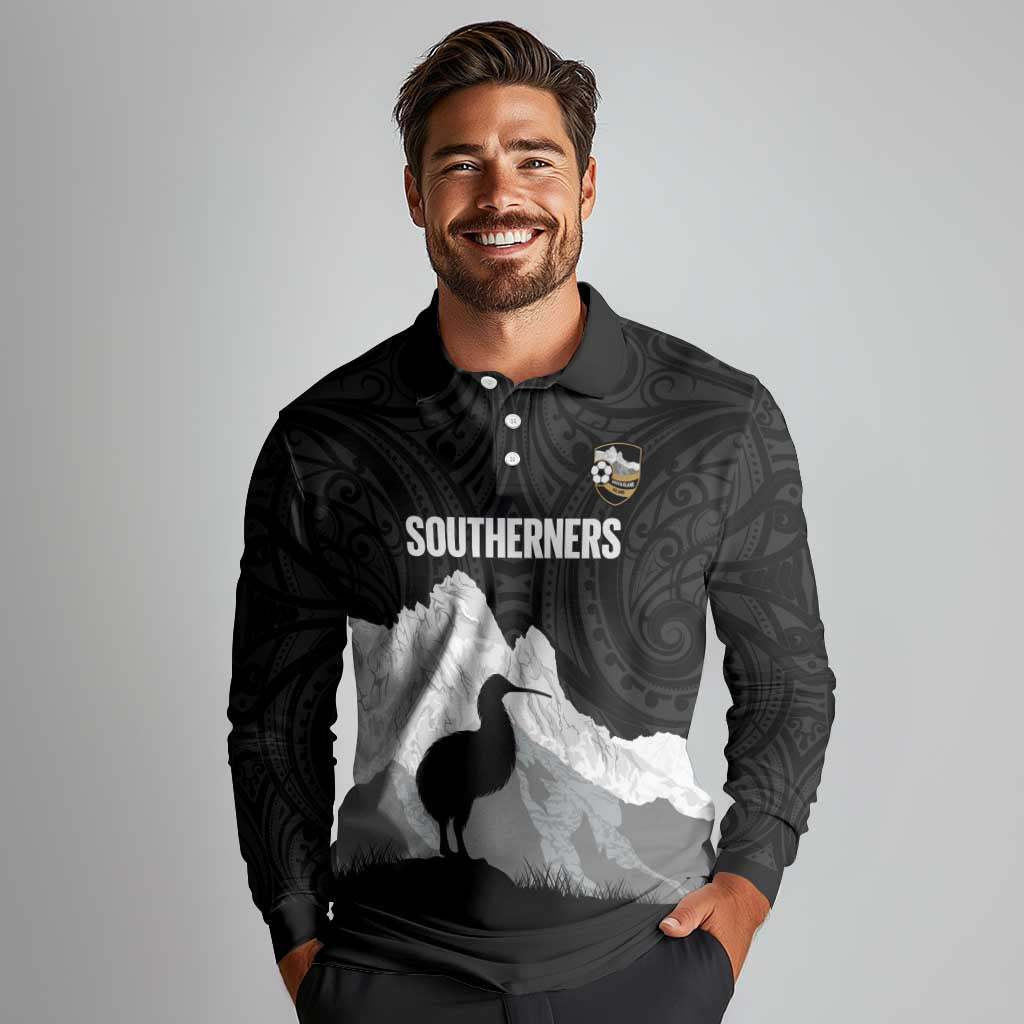 New Zealand South Island Football Custom Long Sleeve Polo Shirt Aoraki Mount Cook With Kiwi Maori Pattern