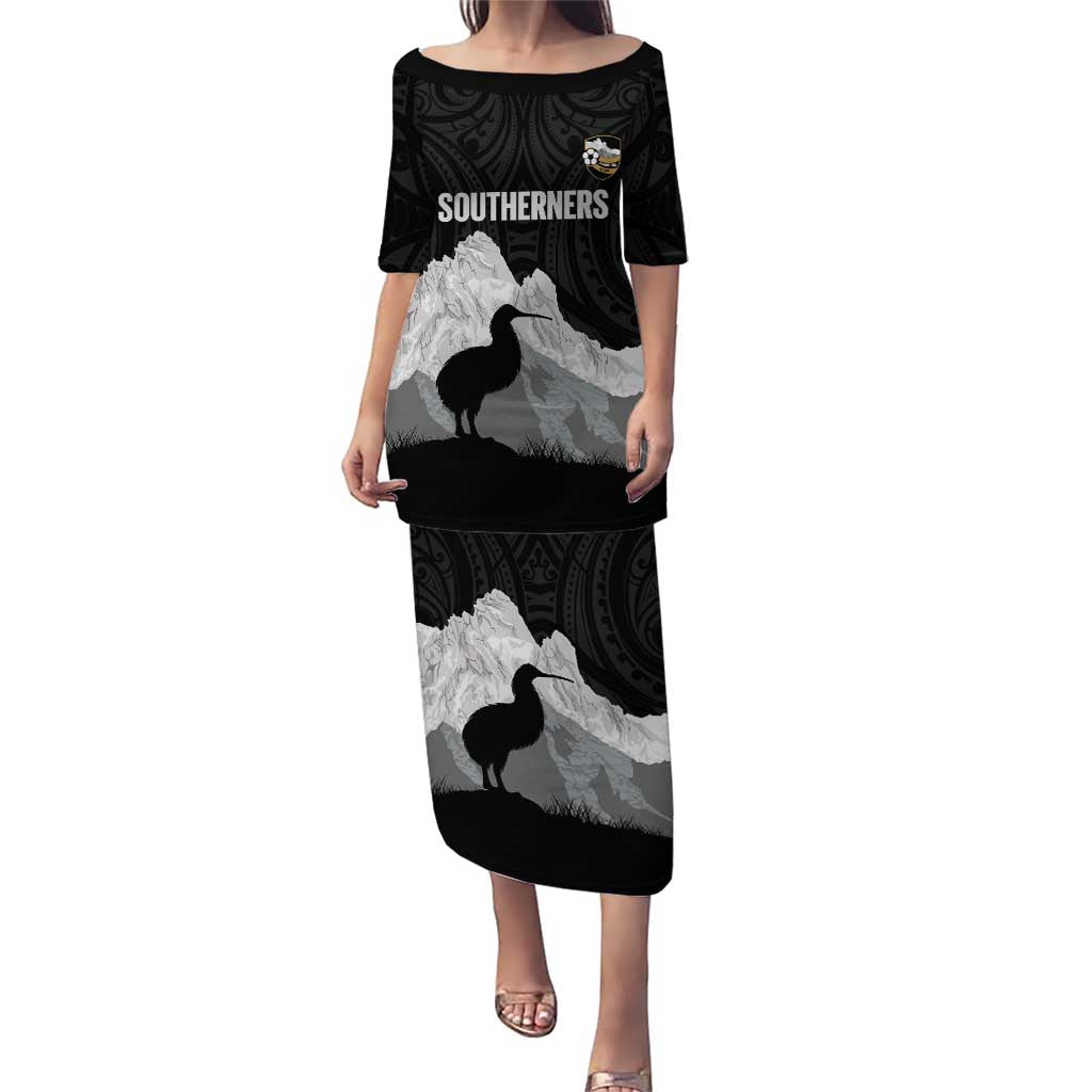 New Zealand South Island Football Custom Puletasi Aoraki Mount Cook With Kiwi Maori Pattern LT14 Long Dress Black - Polynesian Pride