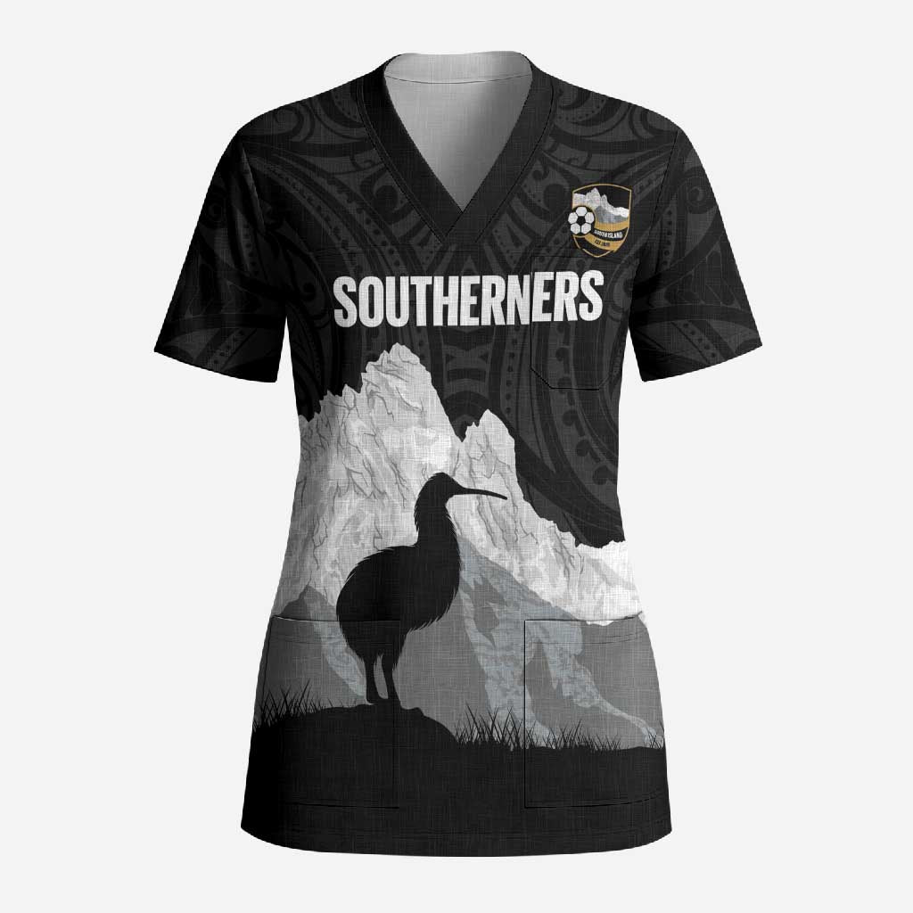 New Zealand South Island Football Custom Scrub Top Aoraki Mount Cook With Kiwi Maori Pattern LT14 Adult Black - Polynesian Pride