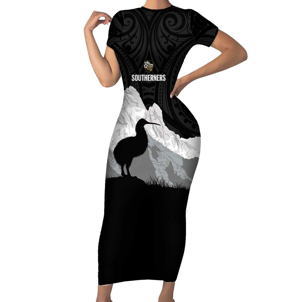 New Zealand South Island Football Custom Short Sleeve Bodycon Dress Aoraki Mount Cook With Kiwi Maori Pattern LT14 Long Dress Black - Polynesian Pride