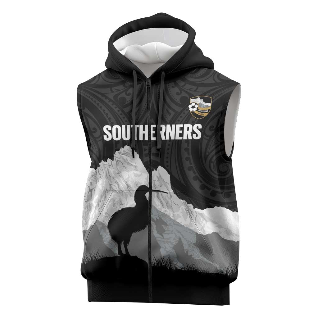 New Zealand South Island Football Custom Sleeveless Zip Hoodie Aoraki Mount Cook With Kiwi Maori Pattern