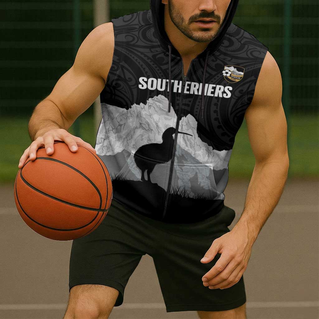 New Zealand South Island Football Custom Sleeveless Zip Hoodie Aoraki Mount Cook With Kiwi Maori Pattern