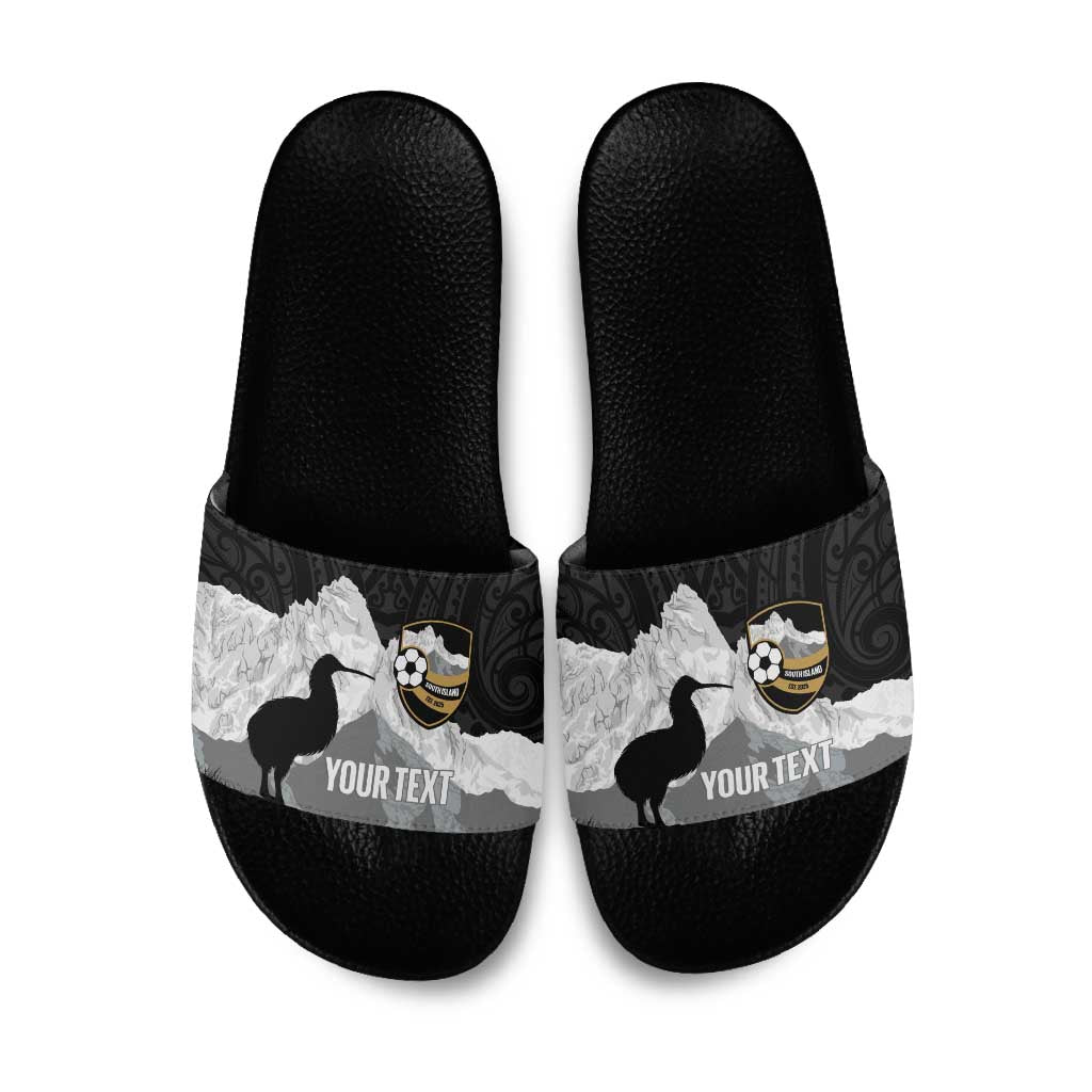 New Zealand South Island Football Custom Slide Sandals Aoraki Mount Cook With Kiwi Maori Pattern LT14 Black - Polynesian Pride