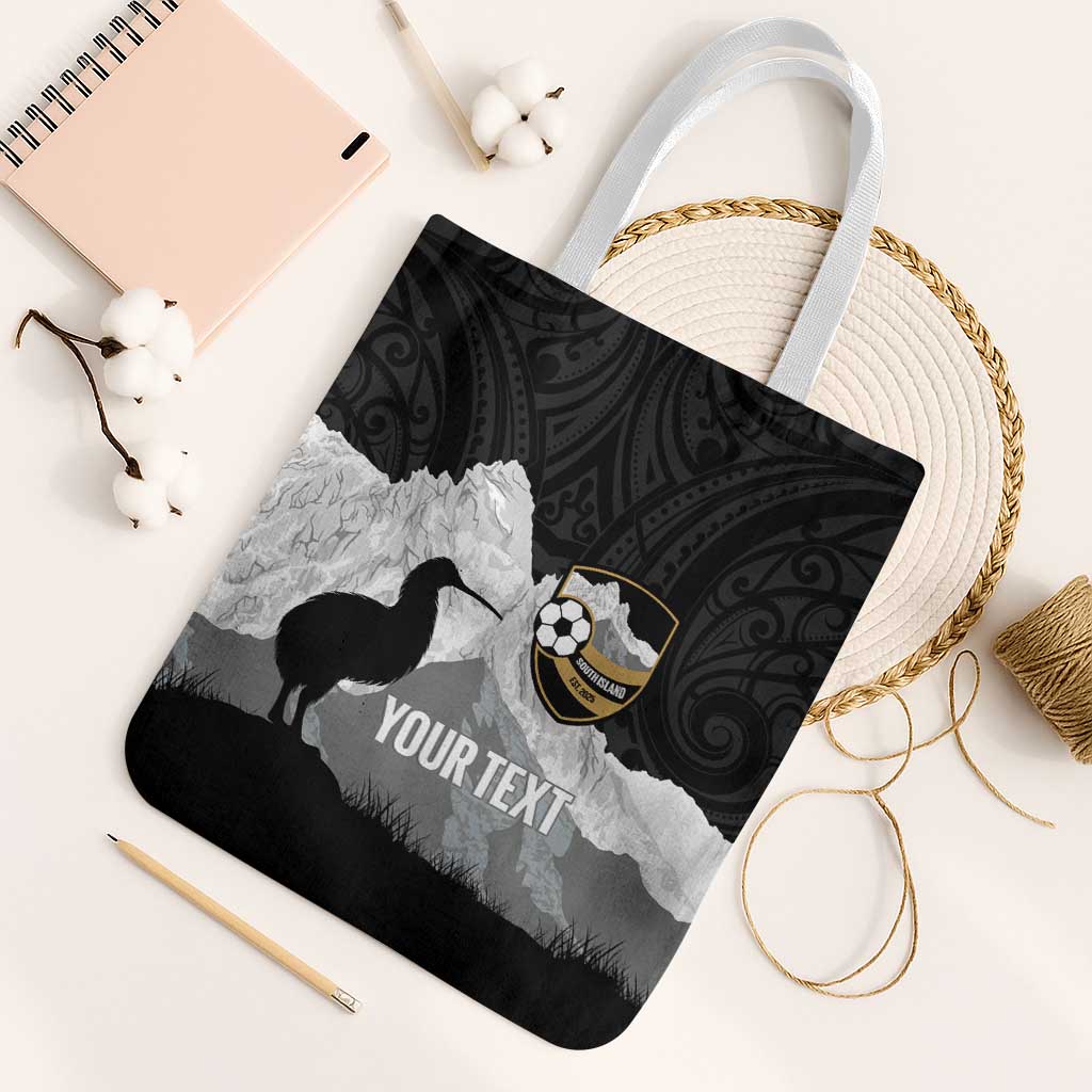 New Zealand South Island Football Custom Tote Bag Aoraki Mount Cook With Kiwi Maori Pattern LT14 White Strap One Size Black - Polynesian Pride