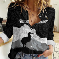 New Zealand South Island Football Custom Women Casual Shirt Aoraki Mount Cook With Kiwi Maori Pattern LT14 Female Black - Polynesian Pride
