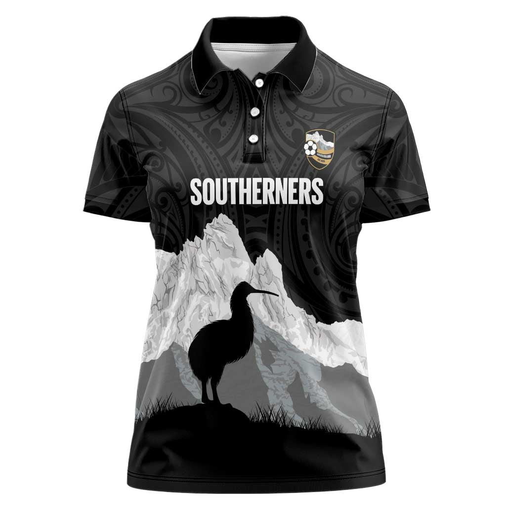New Zealand South Island Football Custom Women Polo Shirt Aoraki Mount Cook With Kiwi Maori Pattern