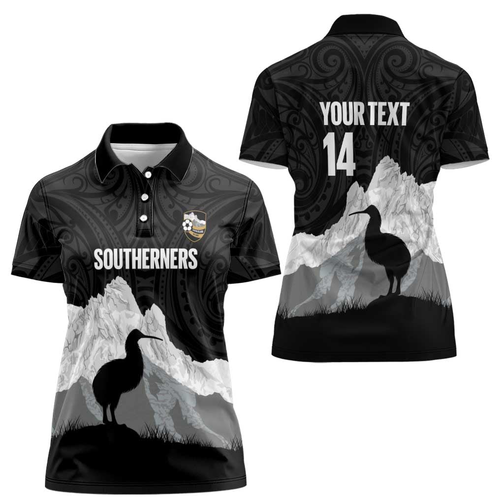 New Zealand South Island Football Custom Women Polo Shirt Aoraki Mount Cook With Kiwi Maori Pattern