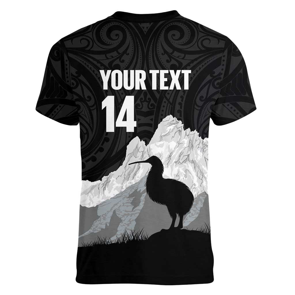 New Zealand South Island Football Custom Women V-Neck T-Shirt Aoraki Mount Cook With Kiwi Maori Pattern LT14 - Polynesian Pride