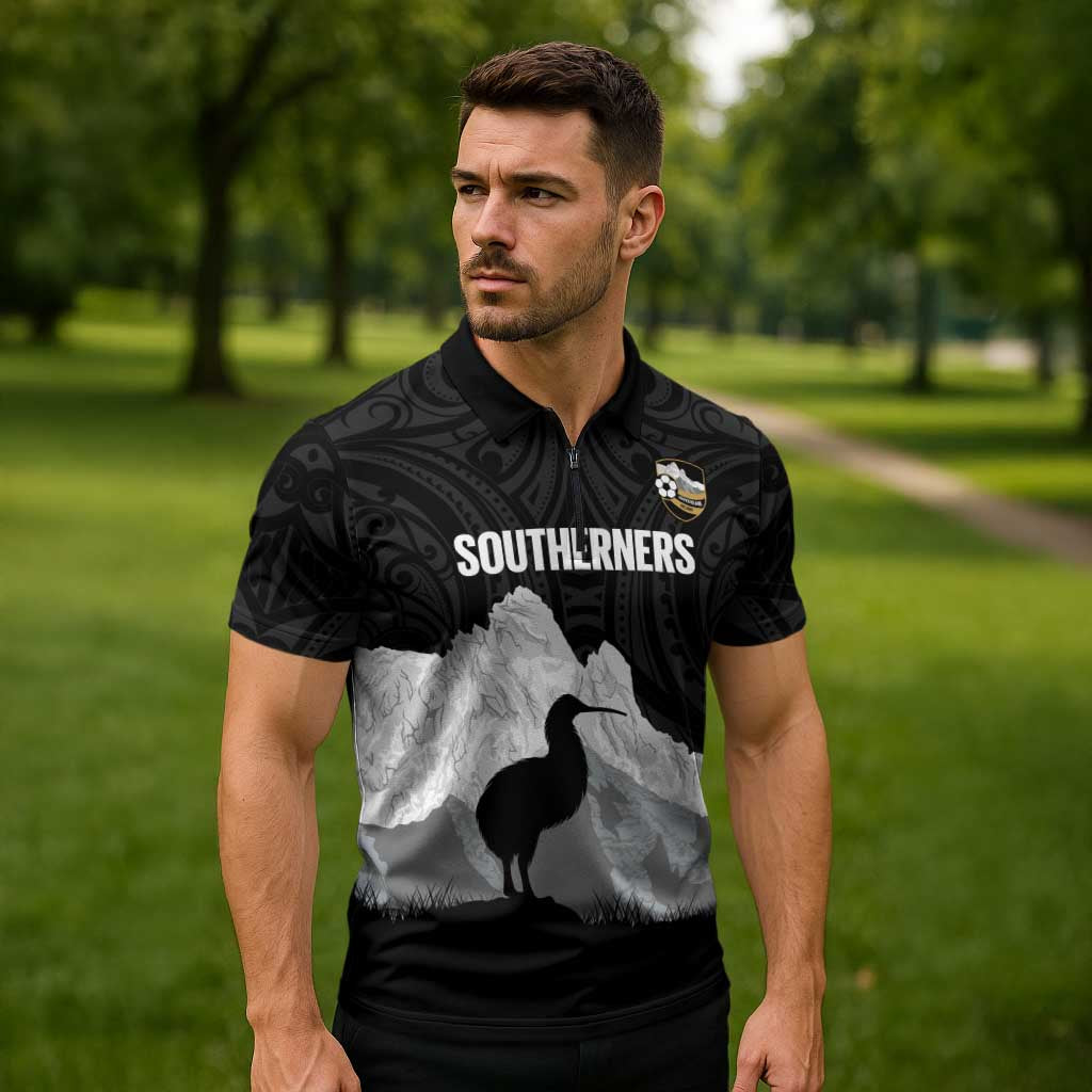 New Zealand South Island Football Custom Zipper Polo Shirt Aoraki Mount Cook With Kiwi Maori Pattern