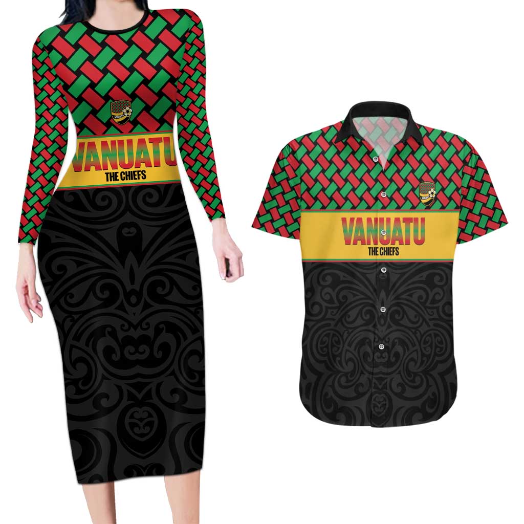 Vanuatu Football Custom Couples Matching Long Sleeve Bodycon Dress and Hawaiian Shirt Go Chiefs Basket-weave Pattern LT14 Black - Polynesian Pride