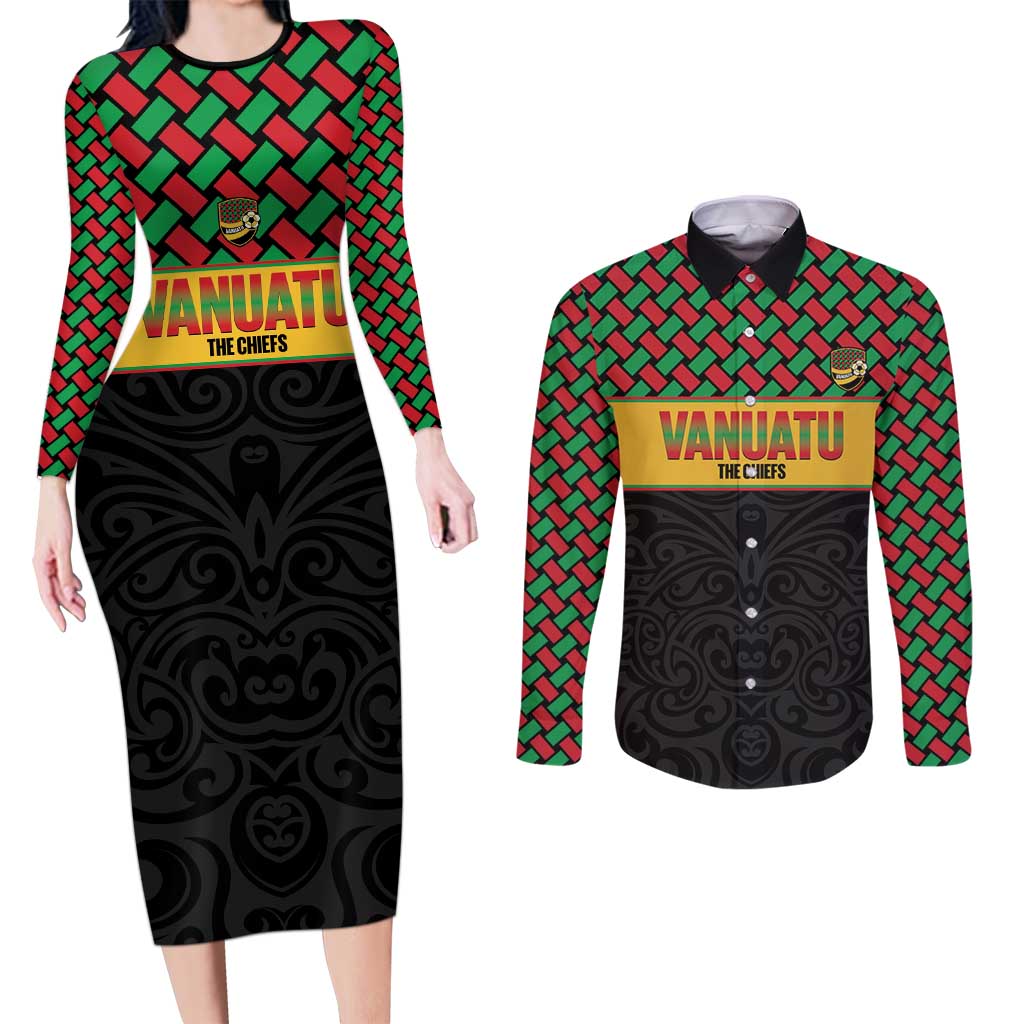Vanuatu Football Custom Couples Matching Long Sleeve Bodycon Dress and Long Sleeve Button Shirt Go Chiefs Basket-weave Pattern