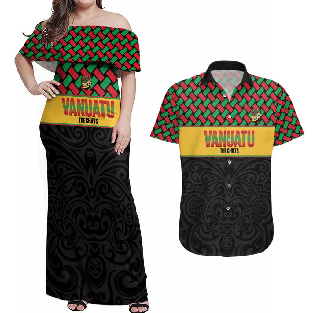 Vanuatu Football Custom Couples Matching Off Shoulder Maxi Dress and Hawaiian Shirt Go Chiefs Basket-weave Pattern LT14 Black - Polynesian Pride