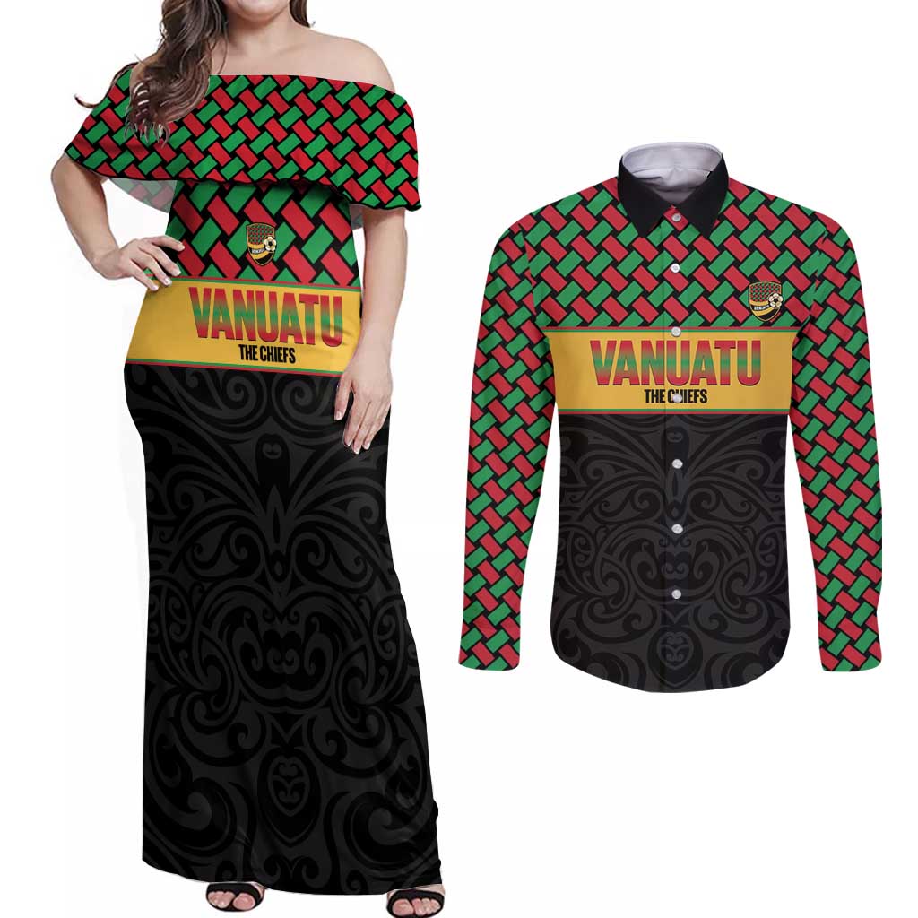 Vanuatu Football Custom Couples Matching Off Shoulder Maxi Dress and Long Sleeve Button Shirt Go Chiefs Basket-weave Pattern