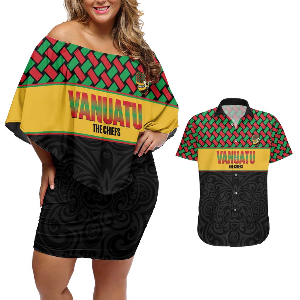 Vanuatu Football Custom Couples Matching Off Shoulder Short Dress and Hawaiian Shirt Go Chiefs Basket-weave Pattern LT14 Black - Polynesian Pride