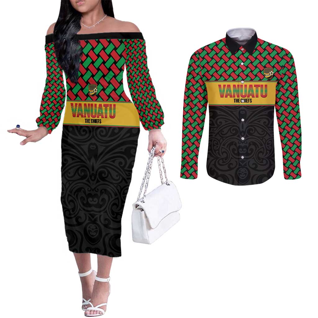 Vanuatu Football Custom Couples Matching Off The Shoulder Long Sleeve Dress and Long Sleeve Button Shirt Go Chiefs Basket-weave Pattern LT14 Black - Polynesian Pride