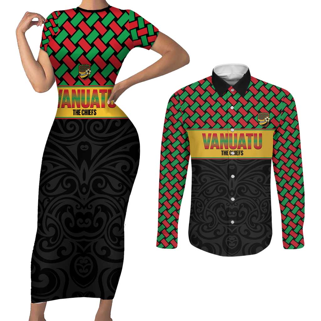 Vanuatu Football Custom Couples Matching Short Sleeve Bodycon Dress and Long Sleeve Button Shirt Go Chiefs Basket-weave Pattern LT14 Black - Polynesian Pride