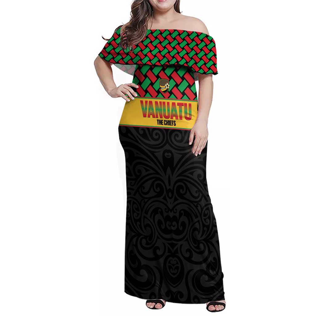 Vanuatu Football Custom Family Matching Off Shoulder Maxi Dress and Hawaiian Shirt Go Chiefs Basket-weave Pattern LT14 Mom's Dress Black - Polynesian Pride