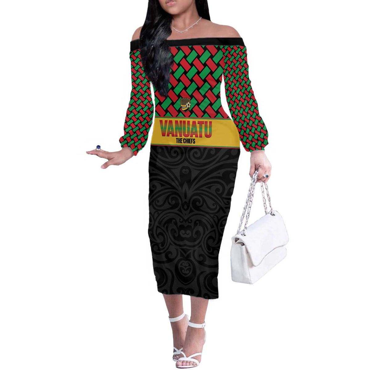 Vanuatu Football Custom Off The Shoulder Long Sleeve Dress Go Chiefs Basket-weave Pattern LT14 Women Black - Polynesian Pride