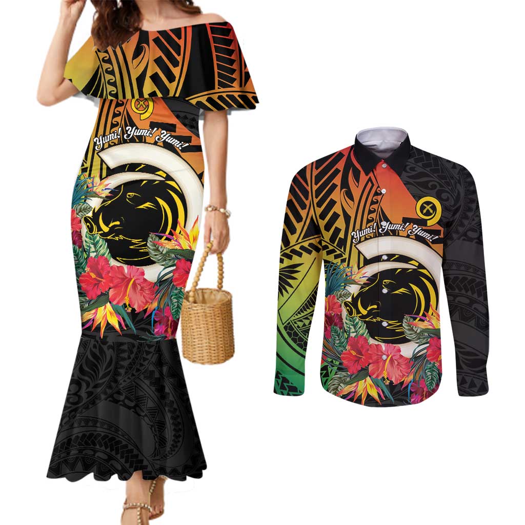 Vanuatu Boar Tusk Yumi Yumi Yumi Couples Matching Mermaid Dress and Long Sleeve Button Shirt Independens Dei Long God Yumi Stanap