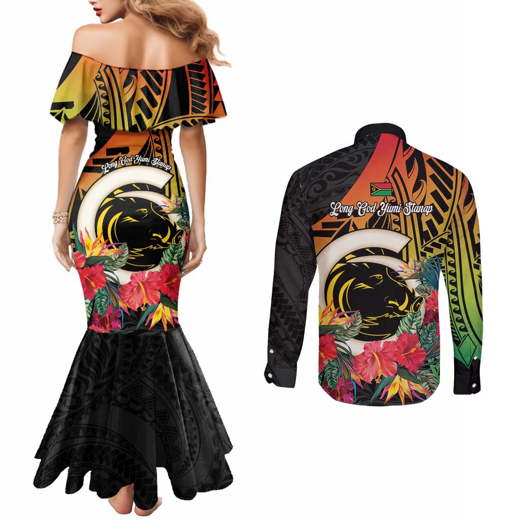 Vanuatu Boar Tusk Yumi Yumi Yumi Couples Matching Mermaid Dress and Long Sleeve Button Shirt Independens Dei Long God Yumi Stanap