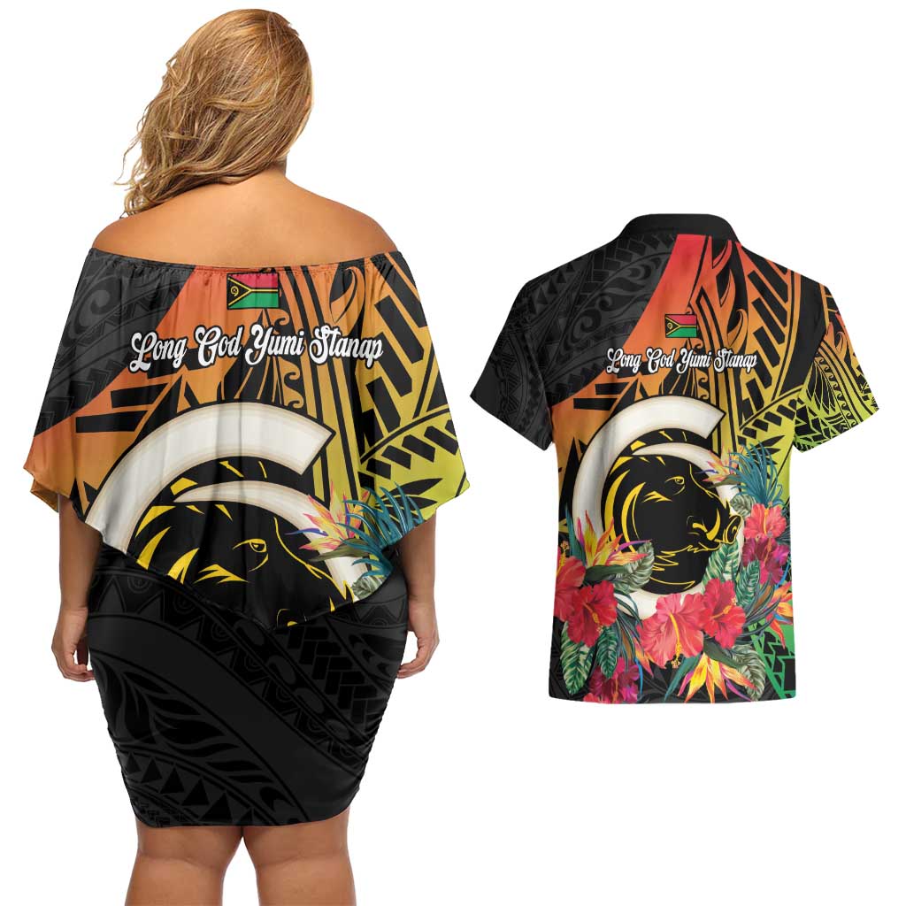 Vanuatu Boar Tusk Yumi Yumi Yumi Couples Matching Off Shoulder Short Dress and Hawaiian Shirt Independens Dei Long God Yumi Stanap