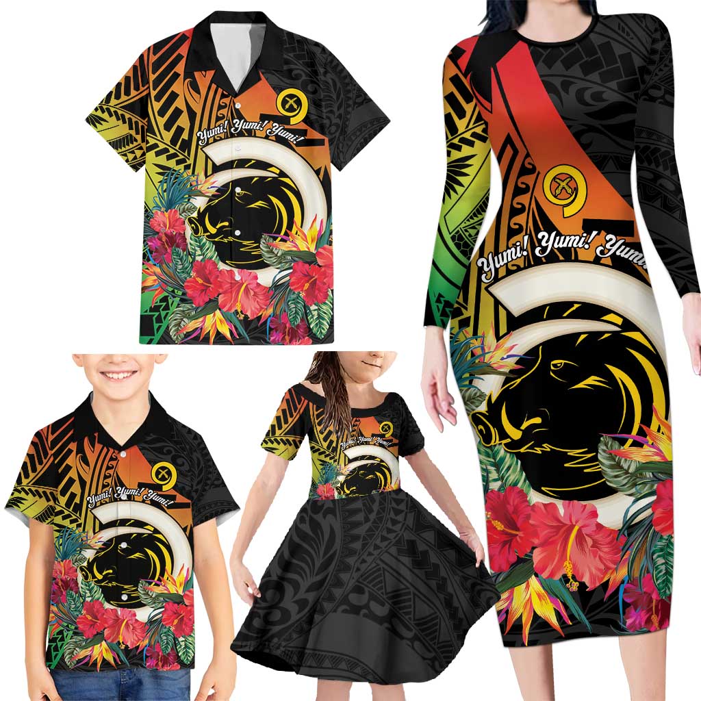 Vanuatu Boar Tusk Yumi Yumi Yumi Family Matching Long Sleeve Bodycon Dress and Hawaiian Shirt Independens Dei Long God Yumi Stanap