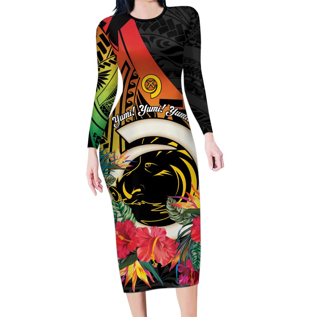 Vanuatu Boar Tusk Yumi Yumi Yumi Family Matching Long Sleeve Bodycon Dress and Hawaiian Shirt Independens Dei Long God Yumi Stanap