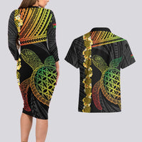 Vanuatu Sand Drawing Turtle Couples Matching Long Sleeve Bodycon Dress and Hawaiian Shirt Happy Independence Day