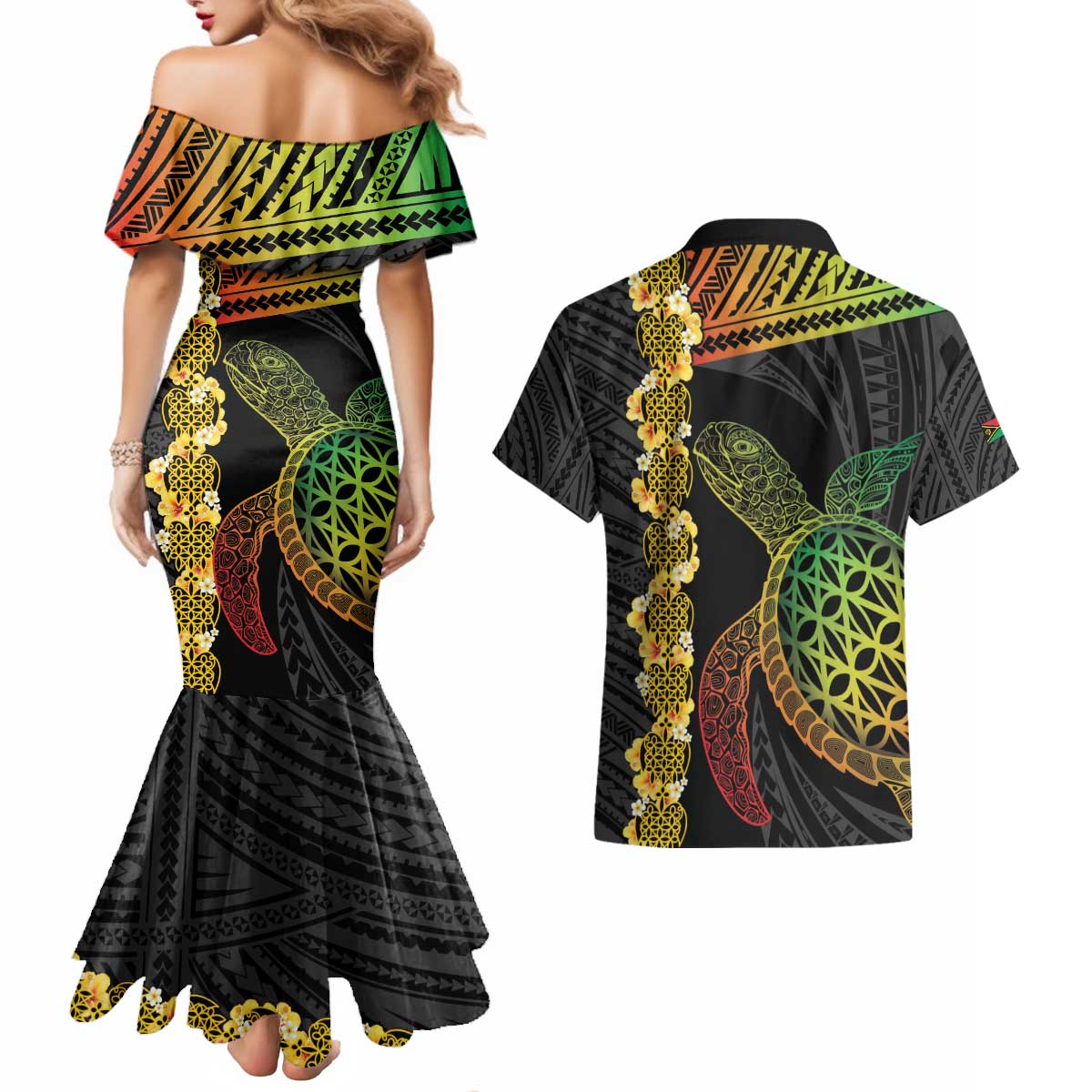 Vanuatu Sand Drawing Turtle Couples Matching Mermaid Dress and Hawaiian Shirt Happy Independence Day