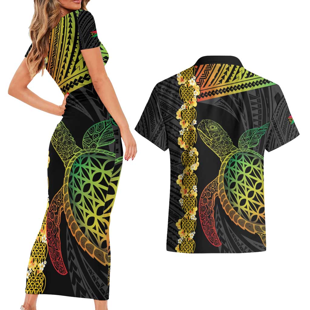 Vanuatu Sand Drawing Turtle Couples Matching Short Sleeve Bodycon Dress and Hawaiian Shirt Happy Independence Day