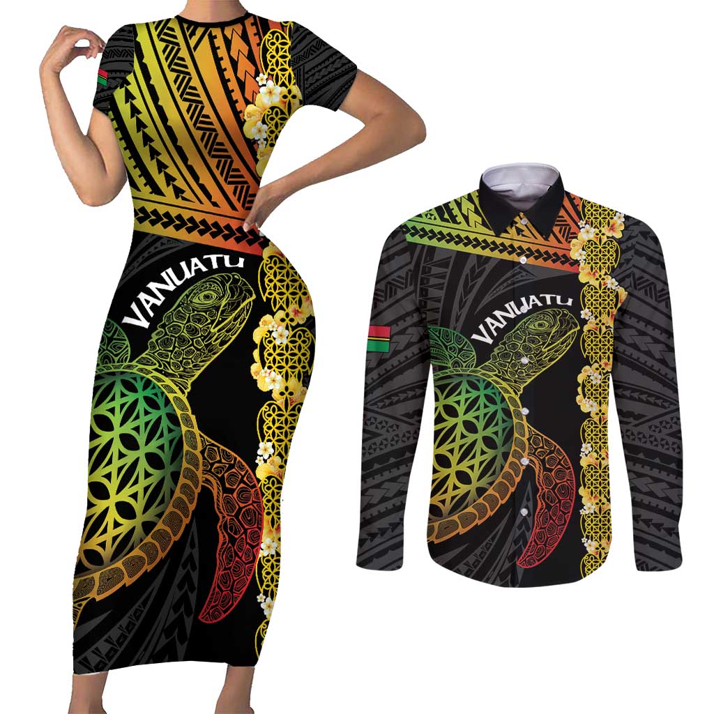 Vanuatu Sand Drawing Turtle Couples Matching Short Sleeve Bodycon Dress and Long Sleeve Button Shirt Happy Independence Day