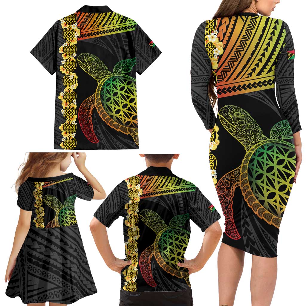 Vanuatu Sand Drawing Turtle Family Matching Long Sleeve Bodycon Dress and Hawaiian Shirt Happy Independence Day