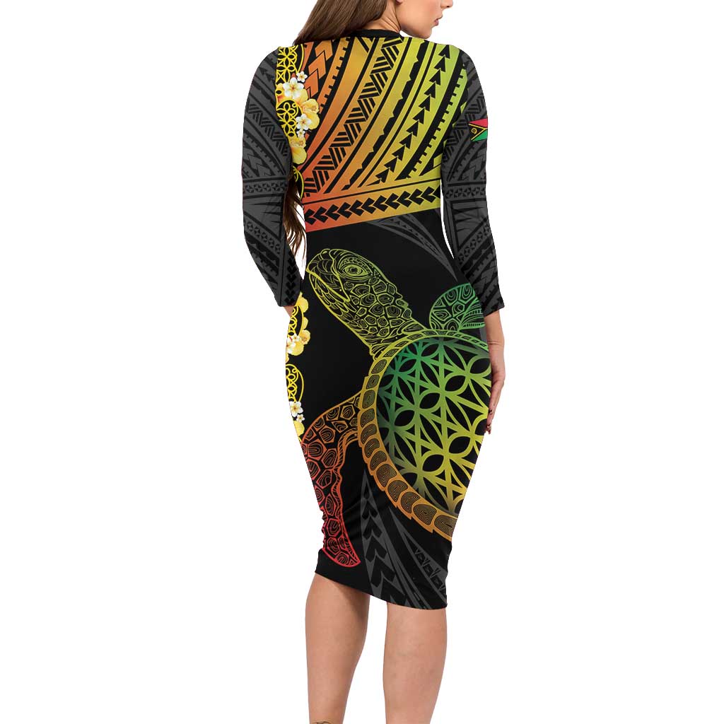 Vanuatu Sand Drawing Turtle Family Matching Long Sleeve Bodycon Dress and Hawaiian Shirt Happy Independence Day