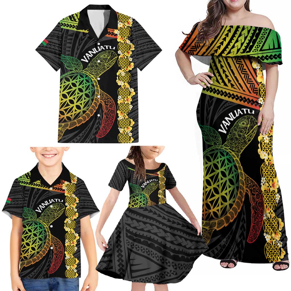 Vanuatu Sand Drawing Turtle Family Matching Off Shoulder Maxi Dress and Hawaiian Shirt Happy Independence Day