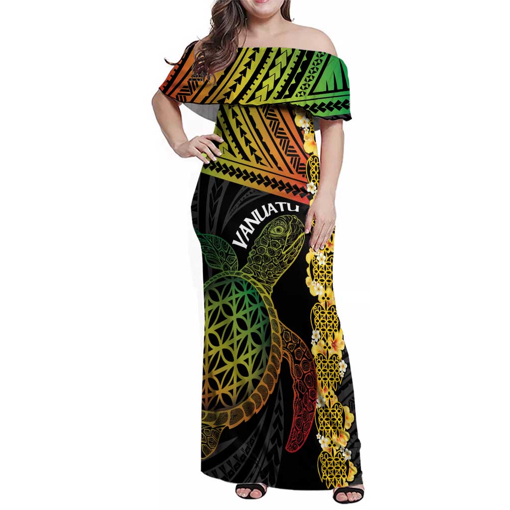 Vanuatu Sand Drawing Turtle Family Matching Off Shoulder Maxi Dress and Hawaiian Shirt Happy Independence Day