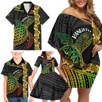 Vanuatu Sand Drawing Turtle Family Matching Off Shoulder Short Dress and Hawaiian Shirt Happy Independence Day