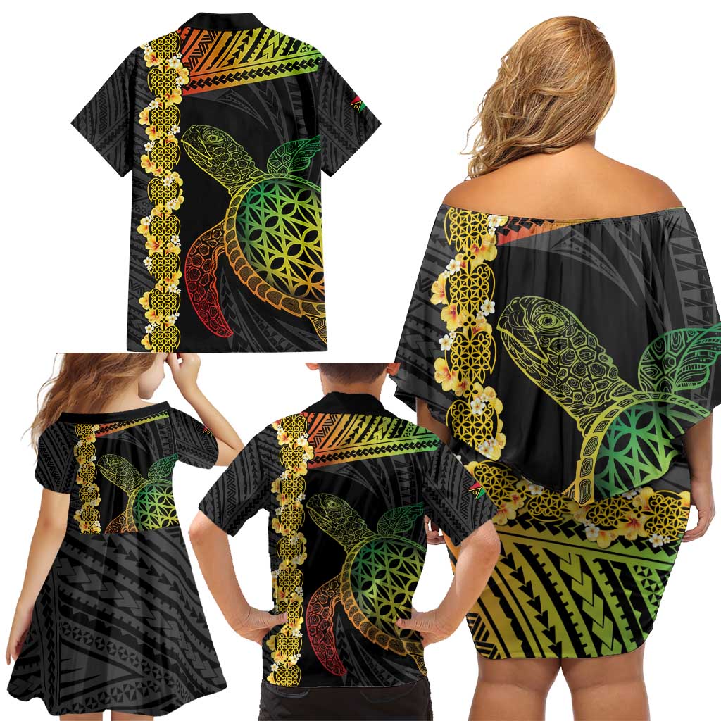Vanuatu Sand Drawing Turtle Family Matching Off Shoulder Short Dress and Hawaiian Shirt Happy Independence Day