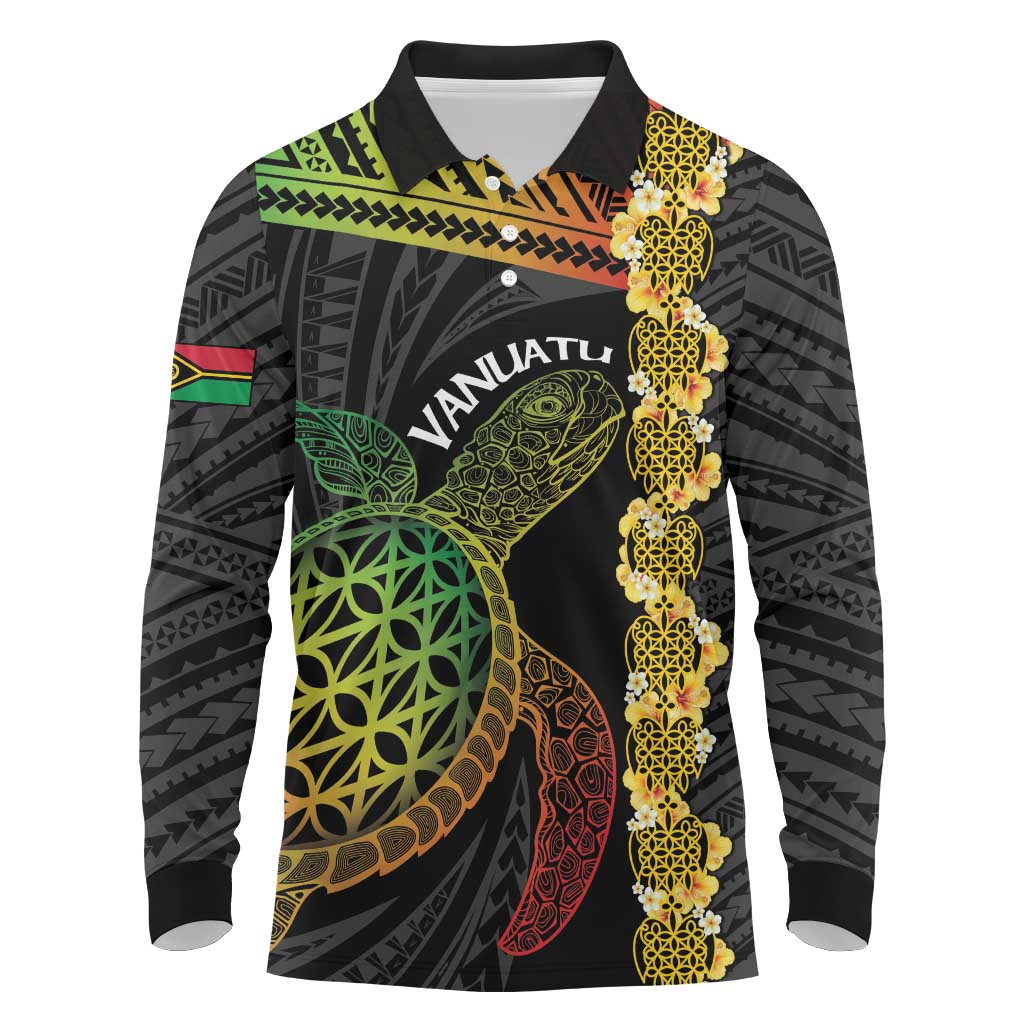 Vanuatu Sand Drawing Turtle Long Sleeve Polo Shirt Happy Independence Day LT14 Black - Polynesian Pride